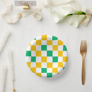 Yellow White Green Chequered Design  Paper Plate