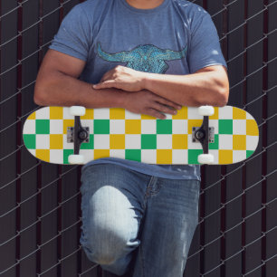 Yellow White Green Chequered Design Skateboard