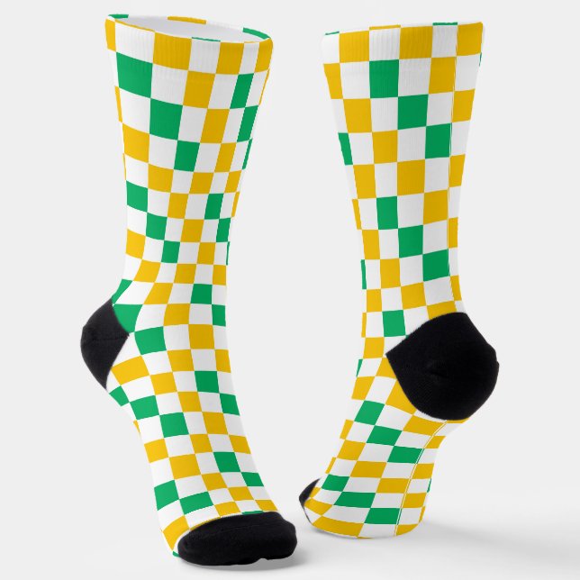 Yellow White Green Chequered Design  Socks (Angled)