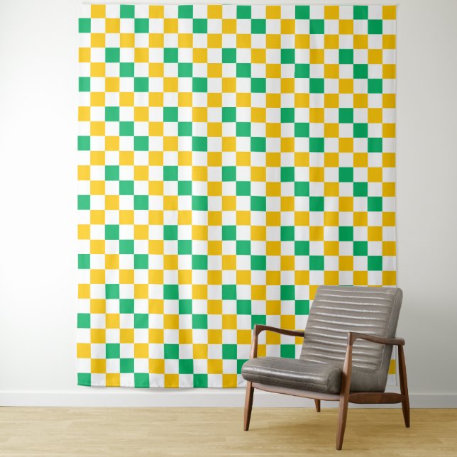 Yellow White Green Chequered Design  Tapestry (In Situ)