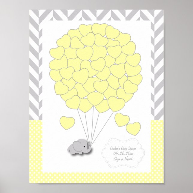 Yellow, White Grey Elephant Baby Shower - Guest Poster (Front)