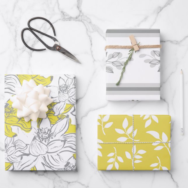 Yellow White Grey Floral Birthday Bridal Shower Wrapping Paper Sheet (Front)