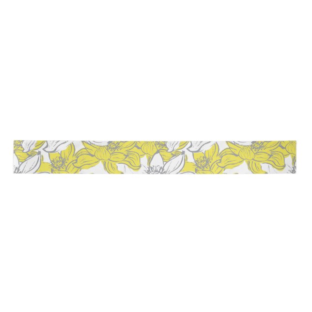 Yellow White Grey Floral  Satin Ribbon (Front)