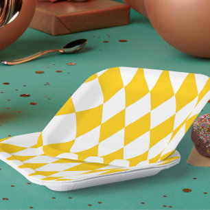 Yellow White Harlequin Diamonds Checkers Design  Paper Plate