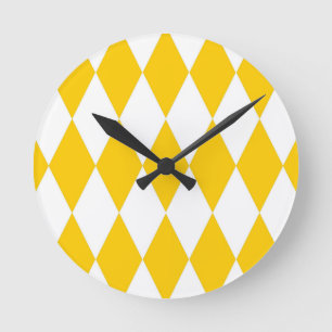 Yellow White Harlequin Diamonds Checkers Design  Round Clock