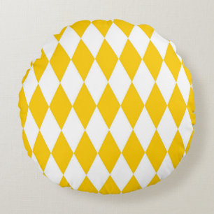 Yellow White Harlequin Diamonds Checkers Design  Round Cushion