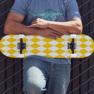 Yellow White Harlequin Diamonds Checkers Design Skateboard