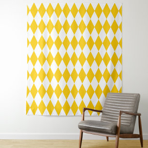 Yellow White Harlequin Diamonds Checkers Design  Tapestry