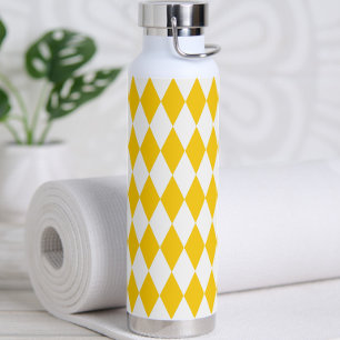 Yellow White Harlequin Diamonds Checkers Design Water Bottle