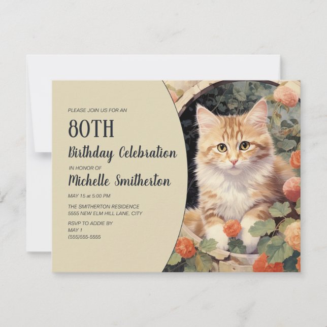Yellow White Kitten Arch 80th Birthday Invitation (Front)
