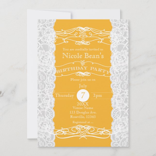 Yellow & White Lace BIRTHDAY PARTY Invitations (Front)