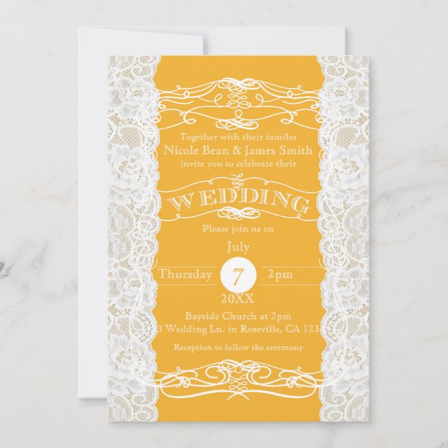 Yellow & White Lace Elegant Wedding Invitations (Front)