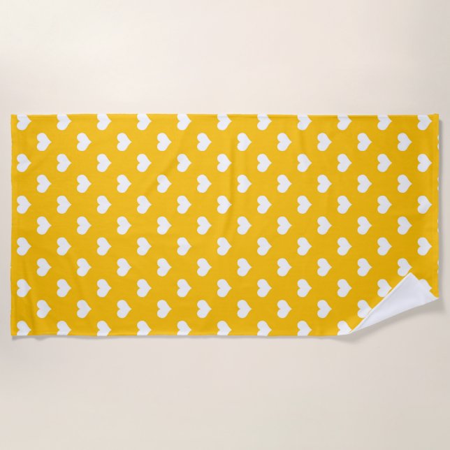 Yellow White Love Heart Pattern Design  Beach Towel (Front)