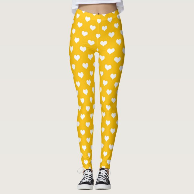 Yellow White Love Heart Pattern Design  Leggings (Front)