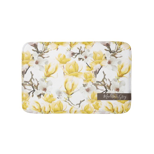 Yellow & White Magnolia Blossom Watercolor Pattern Bath Mat (Front)