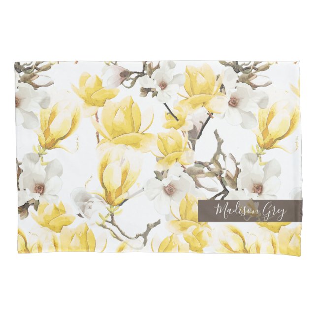 Yellow & White Magnolia Blossom Watercolor Pattern Pillowcase (Front)