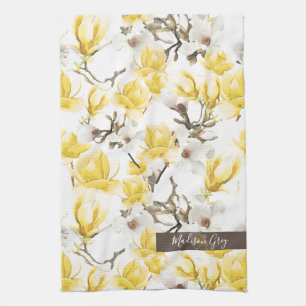 Yellow & White Magnolia Blossom Watercolor Pattern Tea Towel