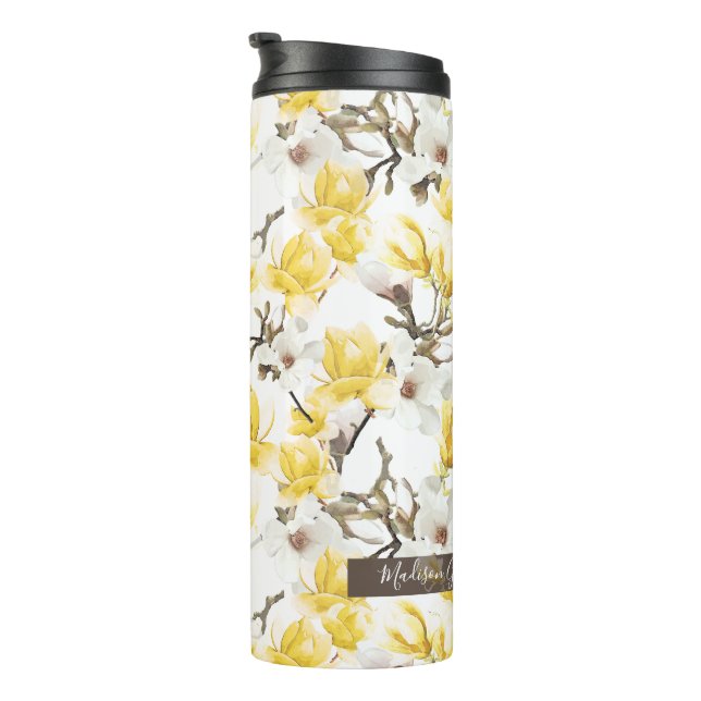 Yellow & White Magnolia Blossom Watercolor Pattern Thermal Tumbler (Rotated Right)