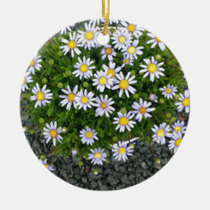 Yellow White Margarita Flowers with Grey Pebbles Ceramic Tree Decoration
