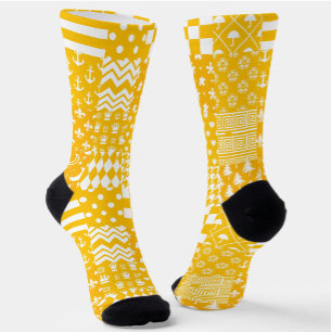 Yellow White Mixed Patterns Patchwork Design Socks