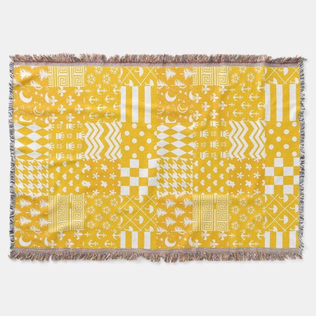 Yellow White Mixed Patterns Patchwork Design  Throw Blanket (Front)