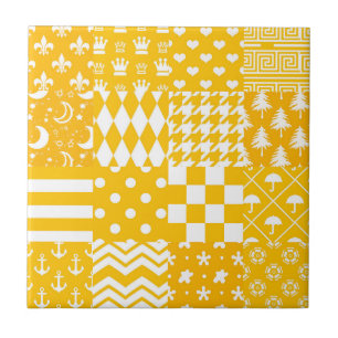 Yellow White Mixed Patterns Patchwork Design  Tile