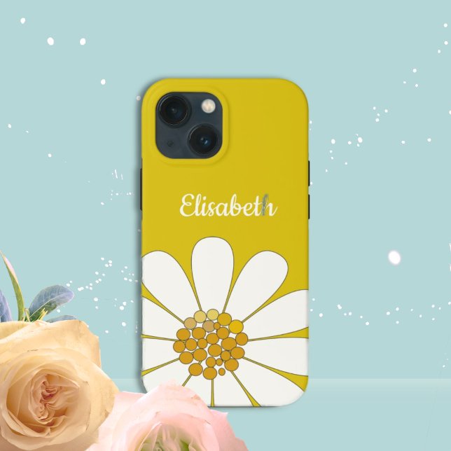 Yellow White Modern Daisy Flower Personalise Name  Case-Mate iPhone Case (Creator Uploaded)