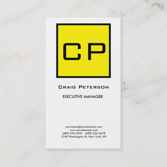 Yellow White Monogram Modern Minimalist Plain Business Card (Front)