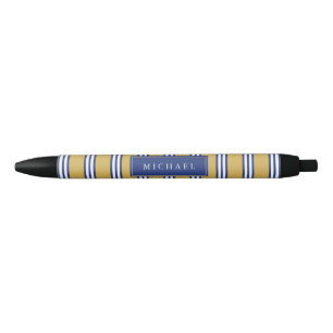 Yellow White & Navy Blue Stripes Custom Name Black Ink Pen