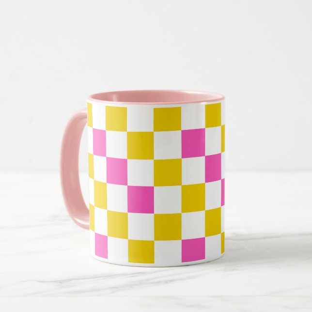 Yellow White Pink Chequered Design  Mug (Front Left)