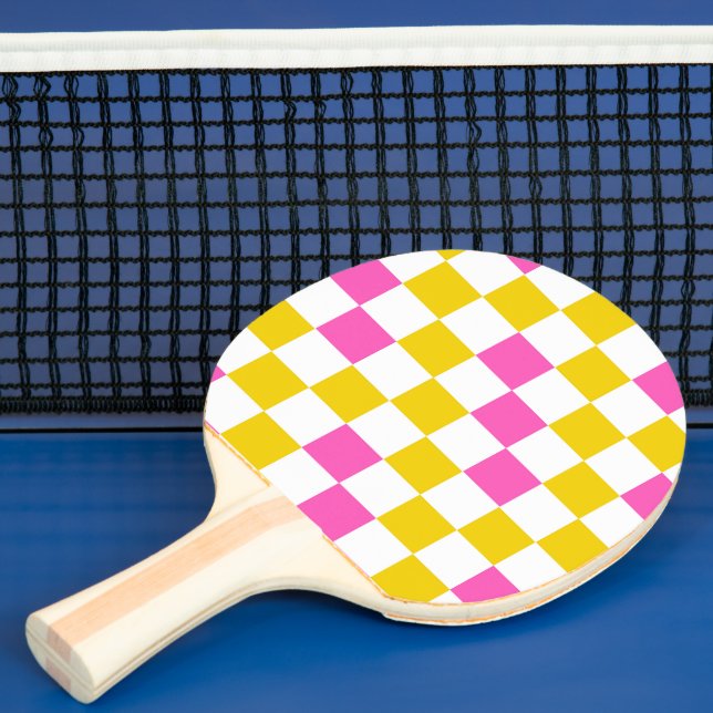 Yellow White Pink Chequered Design  Ping Pong Paddle (Insitu)