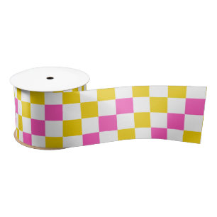 Yellow White Pink Chequered Design Satin Ribbon