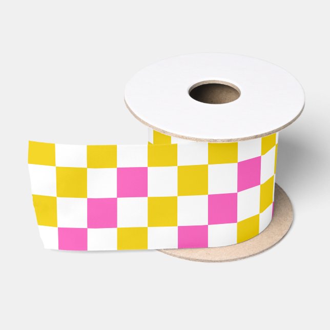 Yellow White Pink Chequered Design  Satin Ribbon (Spool)