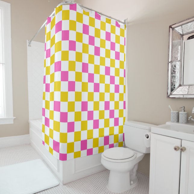 Yellow White Pink Chequered Design  Shower Curtain (In Situ)