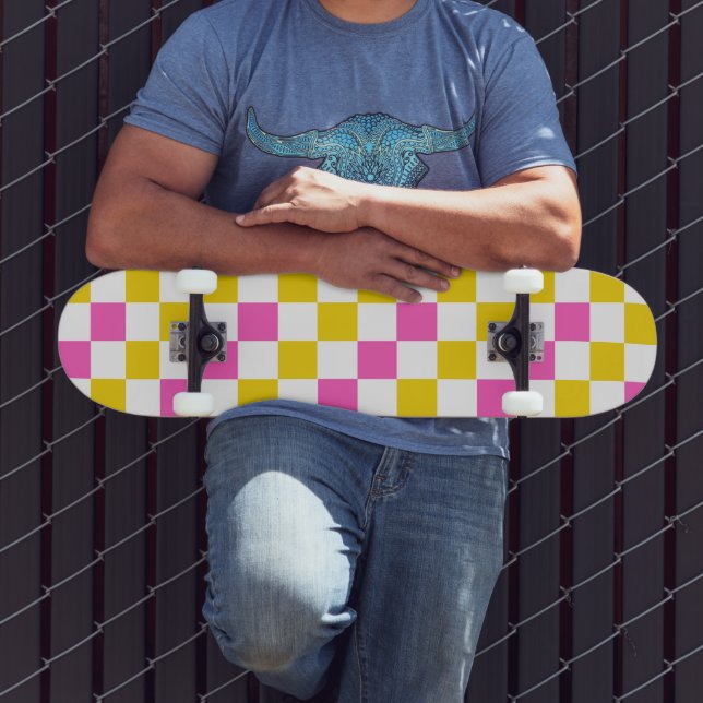 Yellow White Pink Chequered Design  Skateboard (Outdoor 3)