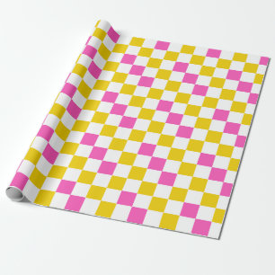 Yellow White Pink Chequered Design  Wrapping Paper