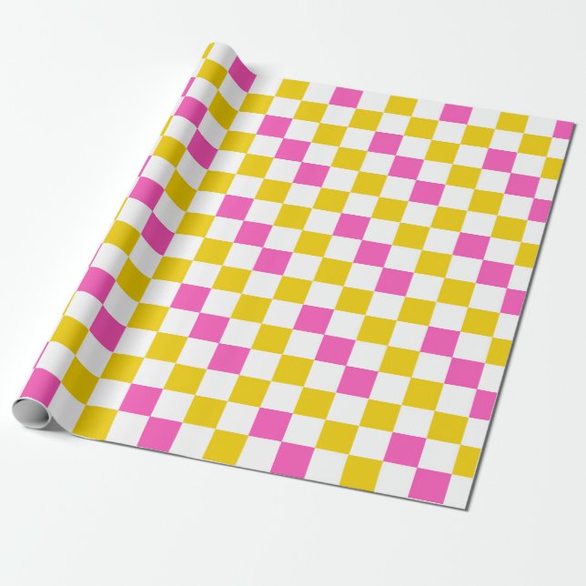 Yellow White Pink Chequered Design  Wrapping Paper (Unrolled)