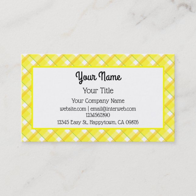 Yellow White Plaid Pattern Editable Business Card (Front)