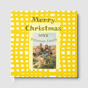 Yellow white plaid retro Christmas holiday family Guest Book