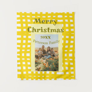 Yellow white plaid retro Christmas holiday family Tapestry