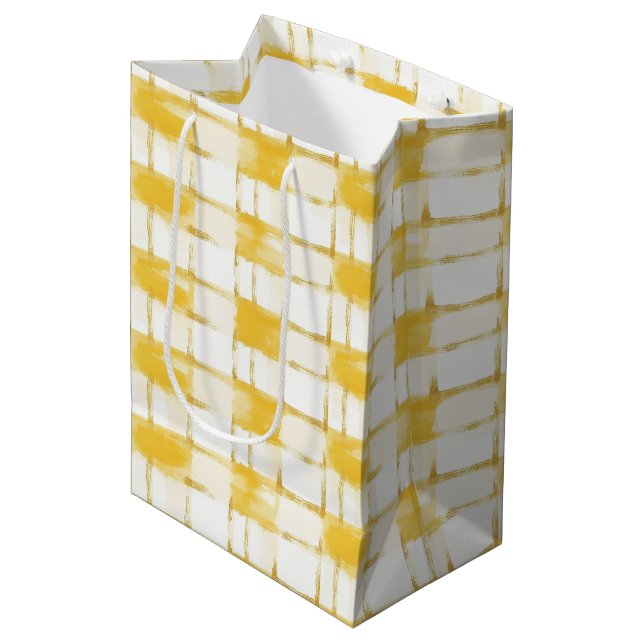 Yellow White Plaid Stripes Birthday Medium Gift Bag (Front Angled)