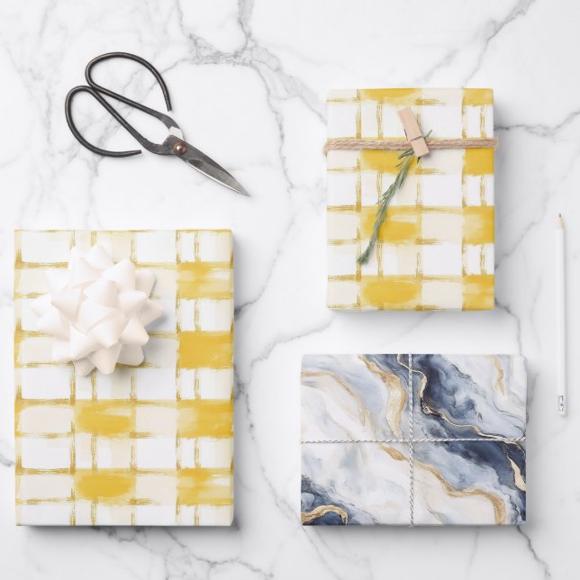 Yellow White Plaid Stripes Blue White Birthday Wrapping Paper Sheet (Front)