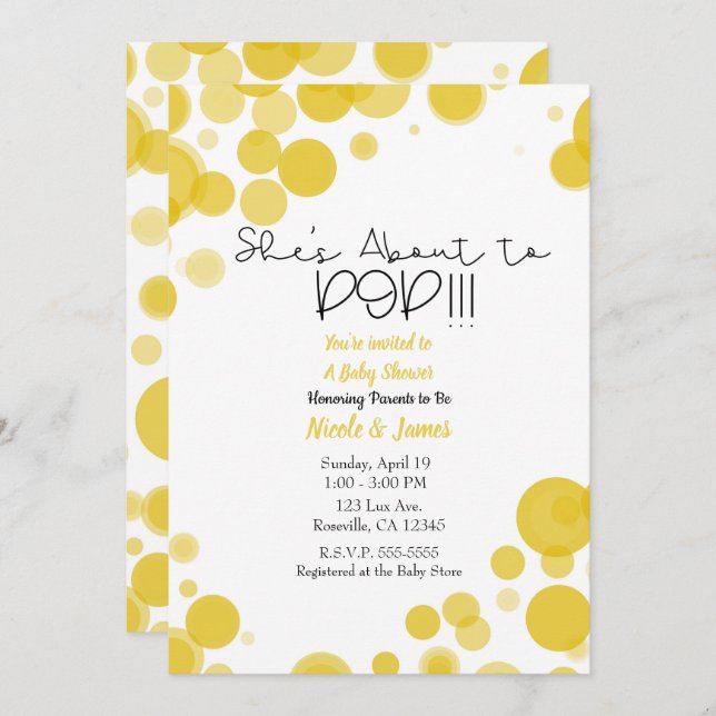 Yellow White Polka Dot Bubbles She's About to POP Invitation (Front/Back)