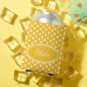 Yellow & white polka dot personalised can cooler