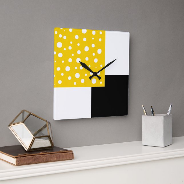 Yellow White Polka Dots Black & White Geometric Square Wall Clock (Office)