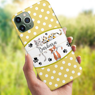Yellow & white polkadot, cute kittens custom iPhone 13 case