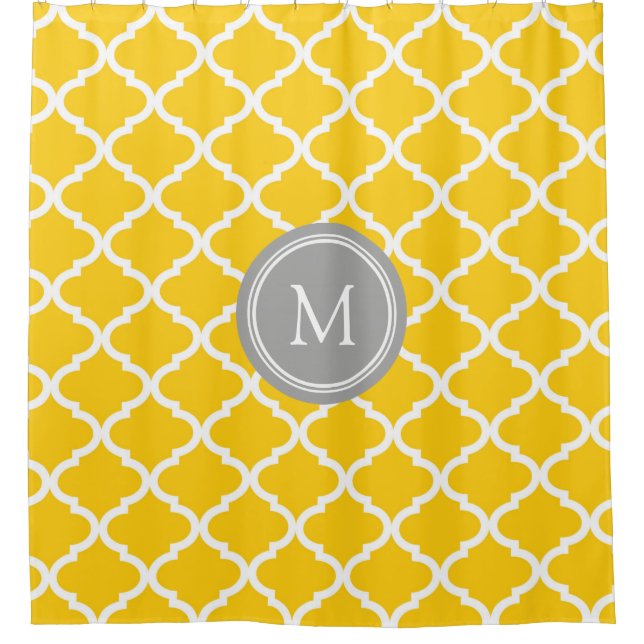 Yellow White Quatrefoil Monogram Shower Curtain (Front)