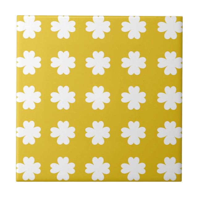 Yellow & White Retro Floral print Tile (Front)