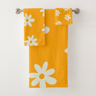 Yellow White Retro Y2K Flower Pattern Bath Towel Set