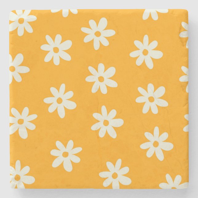 Yellow White Retro Y2K Flower Pattern Stone Coaster (Front)